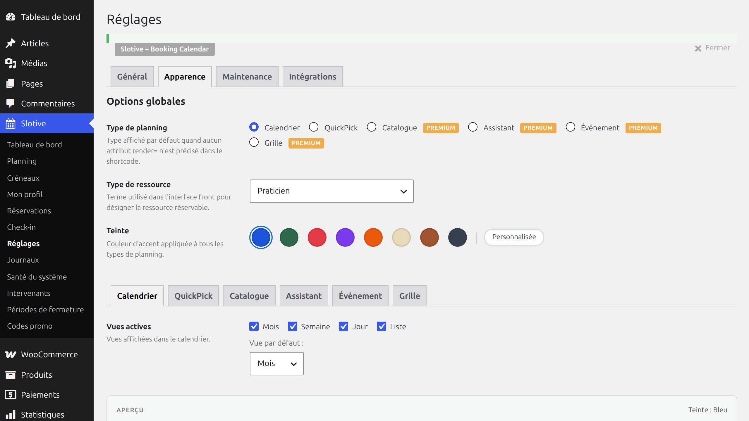 Six booking layouts in WP-Admin